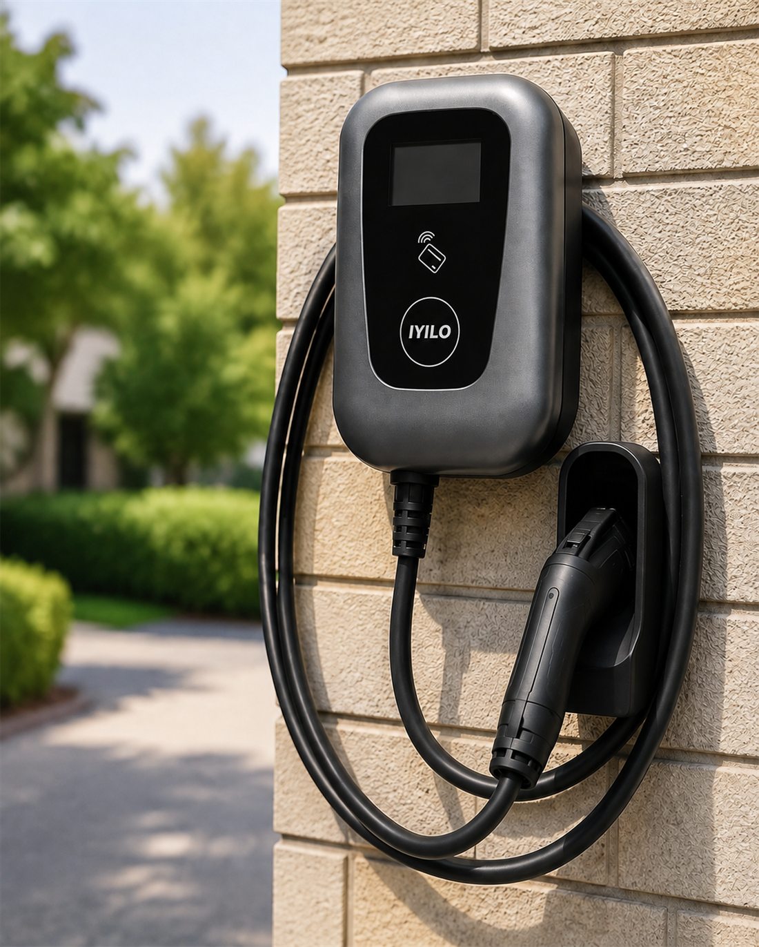IYILO Level 2 EV charger mounted on a wall with cable and holster